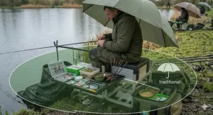 A flat back fishing brolly pegged flush against the ground to protect a coarse fishing setup from driving rain