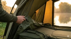 A heavy-duty clip-in groundsheet being fitted to a 1 man bivvy to prevent dampness and insects.