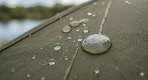 Close-up technical illustration of water droplets beating on a high hydrostatic head breathable fabric used in premium brolly systems.
