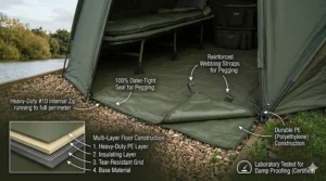Detailed view of a heavy-duty zip-in groundsheet designed to keep out damp and rodents at a UK fishery.