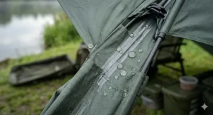 Raindrops beading on the high hydrostatic head waterproof fabric of a premium quality fishing brolly.