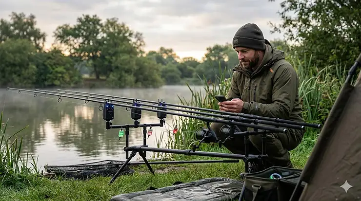 Three illuminated bite alarms glowing blue on a rod pod during a night carp fishing session in the UK. illuminated bite alarms