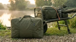 A lightweight 1 man bivvy packed down into its carry bag, showing its portable size for easy transport on a fishing barrow.