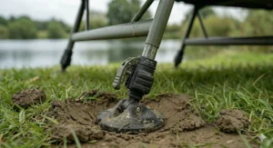 An ultra-lightweight magnesium alloy frame carp fishing bedchair folded down neatly with a tension strap for easy transport to the swim.