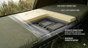 Diagram showing the integrated lumbar support system within a memory foam bedchair mattress.