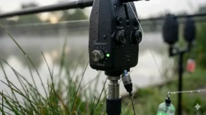Close-up of an illuminated bite alarm head providing high visibility for night fishing on a British lake.