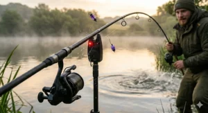 A moody, low-light shot of a budget bite alarm glowing with its built-in nightlight and a blue LED latching light during a night fishing session on a large reservoir.