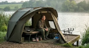 A compact one-man carp fishing bivvy ideal for tight swims and overnight sessions.