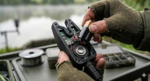 An illustration of an angler’s hand closing a compact, foam-lined protective carry case containing a complete 3-rod bite alarm and receiver presentation set.