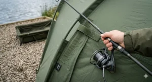 Close-up illustration of Velcro rod straps on the front of a bivvy used to secure fishing rods while rebaiting.