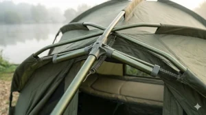 Close-up of the quick-erect pram-hood frame system on a modern 1 man bivvy for fast set-up.
