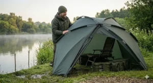 An angler easily putting up a quick erect fishing brolly in seconds as rain clouds gather overhead.