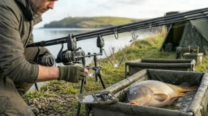 A swinger set at a steep downward angle for effective bite indication when fishing with slack fluorocarbon lines.