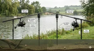 A split-panel illustration comparing a tight line fishing setup with a high bobbin to a slack line setup with a low-hanging bobbin for improved bite indication.