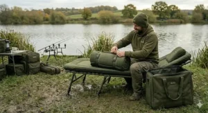 A four-season sleeping bag secured to a memory foam bedchair, ready for all-weather fishing.