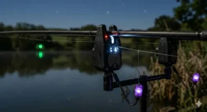 Detailed illustration of a carp rod securely held by a budget bite alarm with extended snag ears, demonstrating its stability during a powerful take on the bankside.