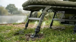 A technical breakdown illustrating the spring-loaded adjustable legs and large swivelling mud feet on a standard fishing bedchair.