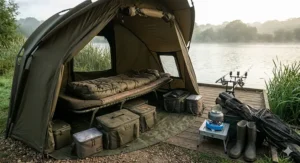 Large two-man carp fishing bivvy with plenty of internal space for two bedchairs and luggage.