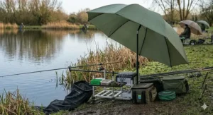 Fishing umbrella with a silver UV protective lining providing shade on a bright summer day at a British carp lake