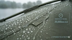 Close-up of waterproof fabric on a 1 man bivvy showing water beading, highlighting the high hydrostatic head rating for UK weather.