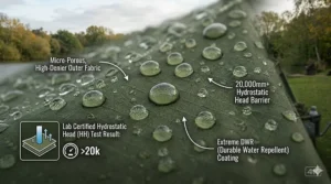 Close-up illustration of rain beading on 20,000mm hydrostatic head fabric of a heavy-duty carp bivvy.
