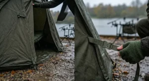 A close-up of an adjustable tensioning strap and heavy-duty buckle being tightened on the side of an olive green universal-fit bivvy overwrap.