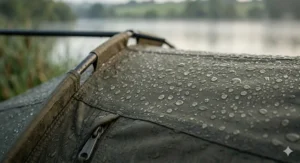 Close-up of rain beads on high-grade waterproof fabric of a carp fishing bivvy.