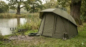 A fully enclosed waterproof carp brolly system with zipped infill panel and letterbox door configuration during rain.