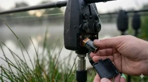 A waterproof illuminated bite alarm being used in rainy conditions, demonstrating durability for UK weather.