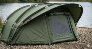 Close-up of a bivvy peak designed to prevent rain from entering the door, featuring 10,000mm hydrostatic head fabric.