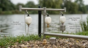A detailed macro photograph showing three carp fishing bobbins with different add-on weights, demonstrating the interchangeable weight system for fishing in windy conditions.