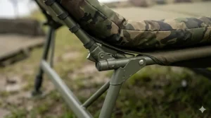 A photorealistic, highly-detailed 4K close-up focusing on the reinforced metal hinge and locking mechanism of a folding wide boy bedchair, showing the intricate components that allow it to fold flat.