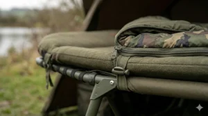 Detailed view of the elastic loops and toggles on a wide boy bedchair frame, demonstrating the secure attachment system for a heavy-duty 5-season sleeping bag.