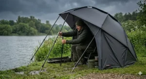 Close up of sturdy storm poles and heavy duty pegs securing a fishing brolly against strong winds on a bleak UK day.