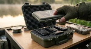 A frosty close-up of a bite alarm during a cold UK winter session, with the sensitivity setting button highlighted while detecting a shy bite.