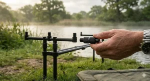 A close-up of a compact two-rod buzz bar setup designed for mobile carp fishing.