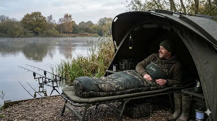 A carp angler resting in a high-quality 3-season sleeping bag inside a fishing bivvy during an autumn session in the UK. 3 season sleeping bags fishing
