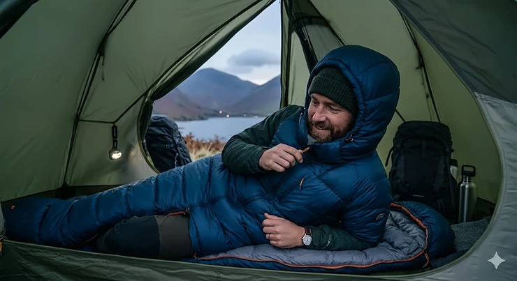 A person inside a tent in the Lake District, adjusting the hood of a blue 4-season sleeping bag during a cold, overcast day. 4 season sleeping bags