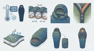 A grid of eight technical illustrations details features of a 4-season sleeping bag, including temperature ratings (-12°C), baffle construction, draft collars, water resistance, and compressed pack size.