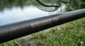 A 50-inch landing net equipped with a foam buoyancy aid for easier solo netting.
