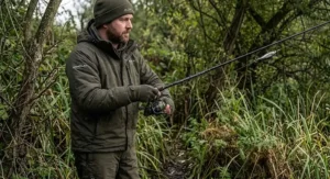 Close-up of an angler using a 7ft lure rod for precise, accurate casts in overgrown UK river swims.
