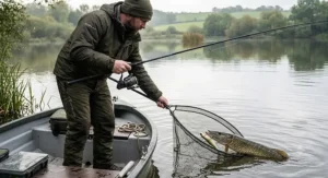 An angler using a 7ft lure rod from a boat, demonstrating the ease of landing pike in confined spaces.