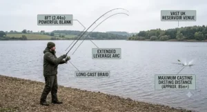 Diagram showing the increased casting distance of an 8ft pike rod on a large open UK reservoir.