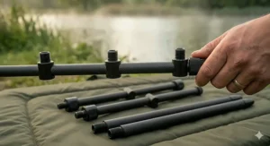 A close-up view of the locking mechanism on adjustable buzz bar arms for precise rod spacing.