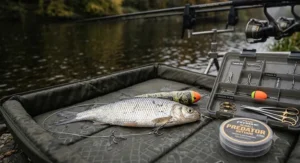 Focus on an angler's hand holding a spool of PREDATORWIRE above a segmented tackle tray filled with sorted treble hooks, swivels, and crimps, labelled 'WIRE TRACE RIG KIT'. A whole deadbait bream on an unhooking mat is adjacent.