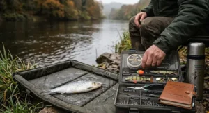 A close-up view focusing on an angler's hand, wearing a green waterproof jacket, selecting a spool of wire trace material (labelled 'PREDATORWIRE') from a tackle box. The unhooking mat with a deadbait fish is visible next to the box.