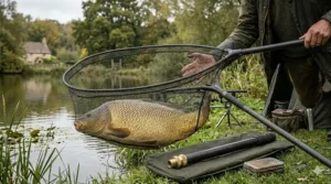An angler using a 42-inch landing net to carefully secure a catch at the water's edge.
