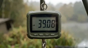 A close-up of a digital carp scale screen showing a clear, backlit weight reading in kilograms.