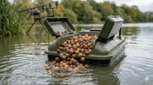The hopper mechanism of a bait boat opening to drop groundbait accurately.