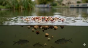 View of bait grouping in the water using a precision fishing catapult.